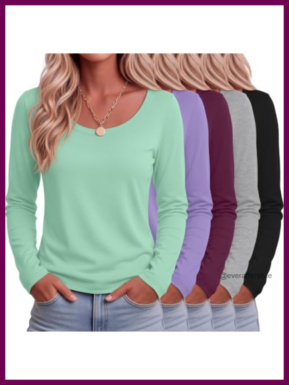 5 Pack Women's Long Sleeve Scoop Neck Tops Polyester Cotton Spandex
